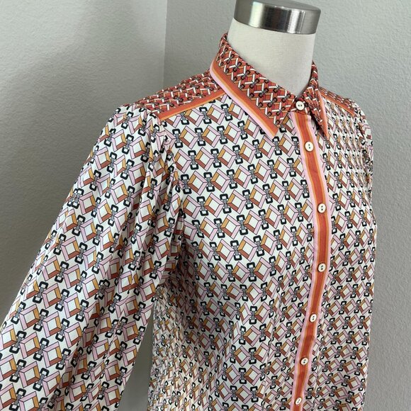 Hale Bob Womens Small Long Sleeve Button Up Blouse Geometric Orange White Shirt - Picture 8 of 13